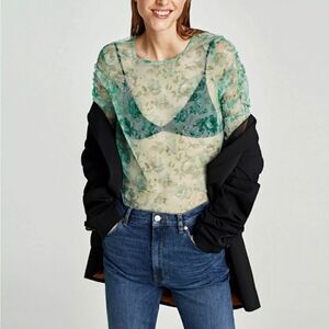 NWT Zara Green Floral Sheer Tulle Mesh Top Sz S